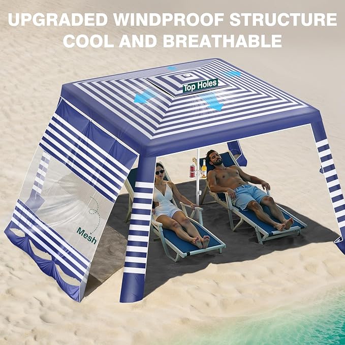 Rhino Valley Beach Cabana, 8 × 8FT Foldable Beach Tent with Cup Holder, Beach Canopy Easy Setup with UPF50+ Protection, Windproof Stable Beach Tent, Portable Beach Cabana Tent for Beach Camping