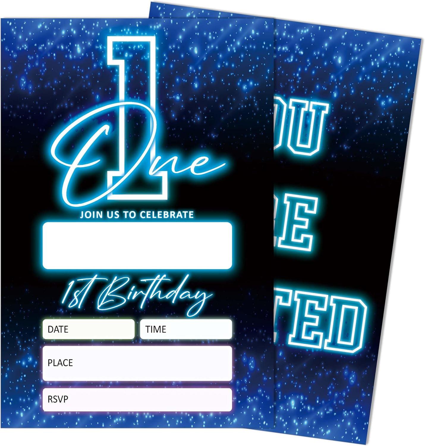 SIXEIGHT Blue 1st Birthday Party Invitations for Kids, Glow Neon 1st Birthday Invitations for Boys Girls, 20 Pack Blue Invites with Envelopes, Glow Neon Party Decorations Supplies, 4"x6"-C01