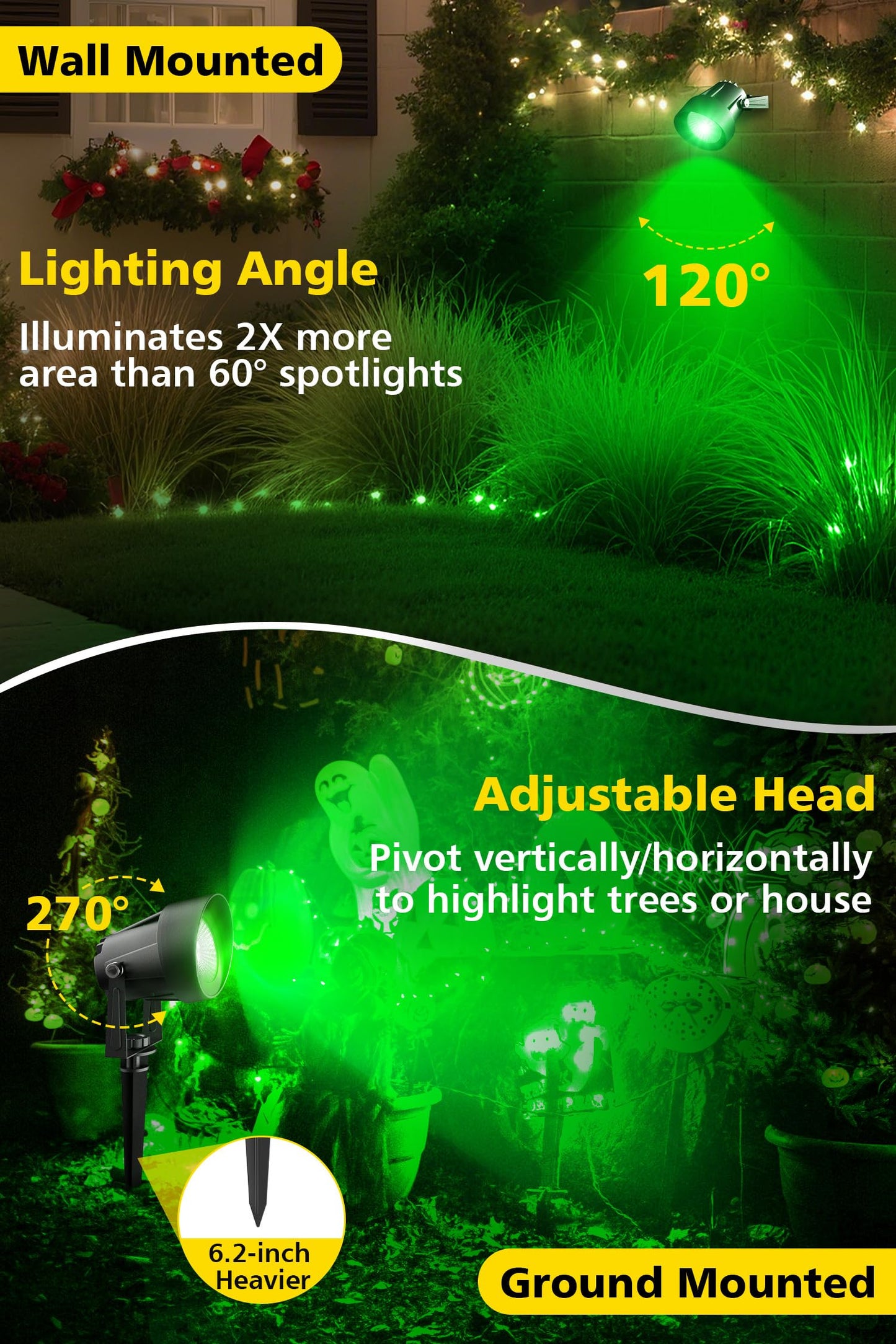 T-Sun Christmas Green Spotlight Outdoor  Waterproof Led Landscape Lighting With Us Plug  Easy Install 270?Adjustable Outdoor Spot Lights For Garden Tree Yard Decor  6 Pack
