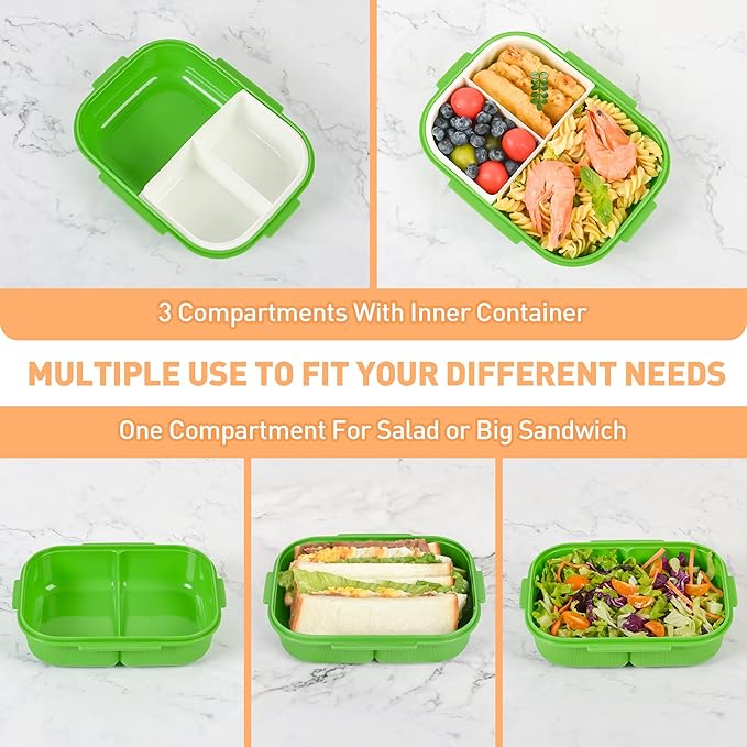 Bento Box with Removable Compartments for Adults & Kids - 1000ml Leak Proof Lunch Box with Utensils, BPA-Free, Microwave & Dishwasher Safe, Portable(Green)