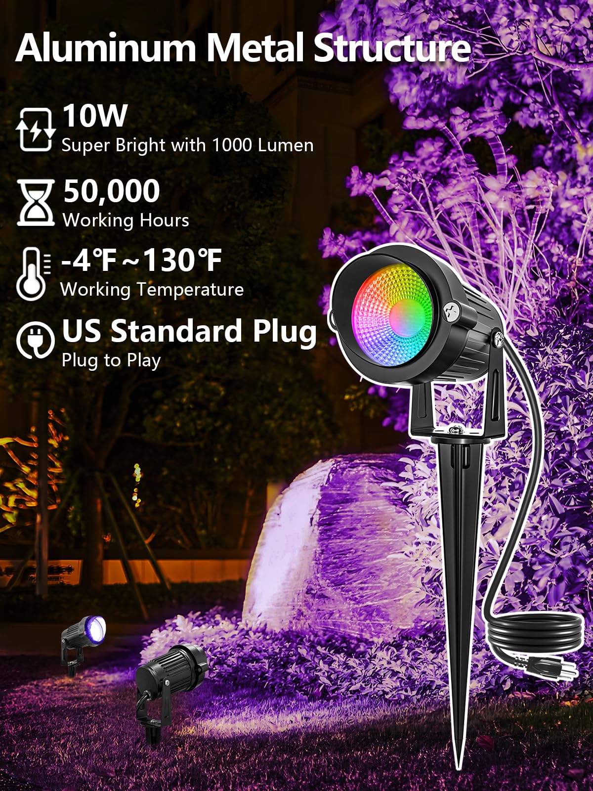 DOREIO RGBW Outdoor Spotlights, 10W Color Changing LED Landscape Lights, 2 Pack, Aluminum, Model HL-2R, Waterproof