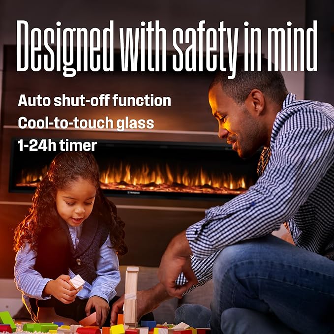 Westinghouse 50 Inch Electric Fireplace Heater, Compatible with Alexa & Google Home, Wall Mount or in-Wall Recessed Fireplace Insert, 24 Hour Timer, Color Changing Flames, 750W/1500W Indoor Heater
