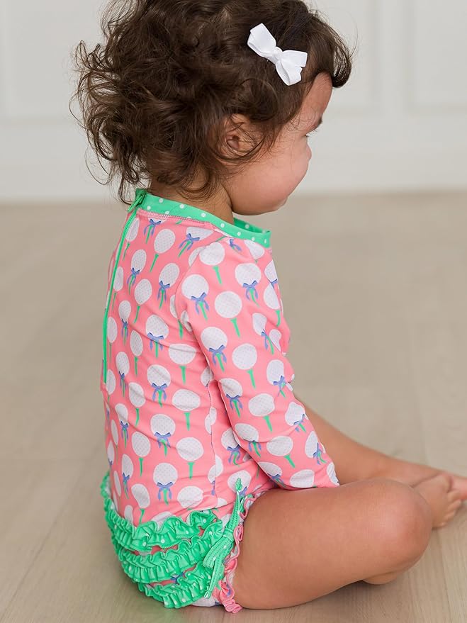 RuffleButts Baby Girls UPF 50+ Sun Protection Novelty Print Long Sleeve One Piece Rash Guard Swimsuit with Zipper