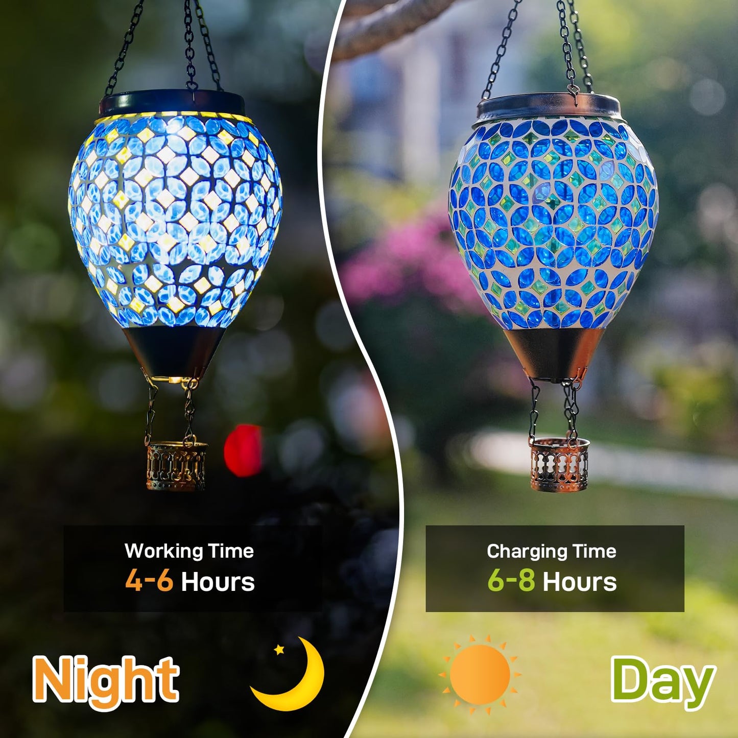 Dreamskip Mosaic Hot Air Balloon Solar Lantern With Flickering Flame  Blue Mosaic Hanging Solar Lantern Lights Outdoor Waterproof For Garden Patio Gifts For Women Mom Grandma