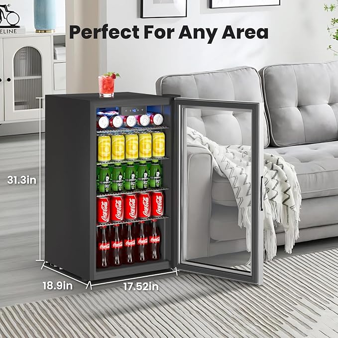 Mini fridge,116 Can Beverage refrigerator cooler with Glass Reversible Door for Soda Beer Wine, 3.2 Cu.ft Small Refrigerator for Home Kitchen, Adjustable Removable Shelves,Hidden Door Handle