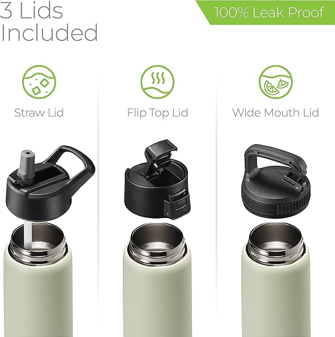 SipX™ Triple-Insulated Stainless Steel Water Bottle 25oz. With 3 Lids, BPA-Free Reusable Insulated Water Bottle Keeps Cold 24 Hours, Metal Water Bottle Made Of Sustainable Material For Hiking & Biking