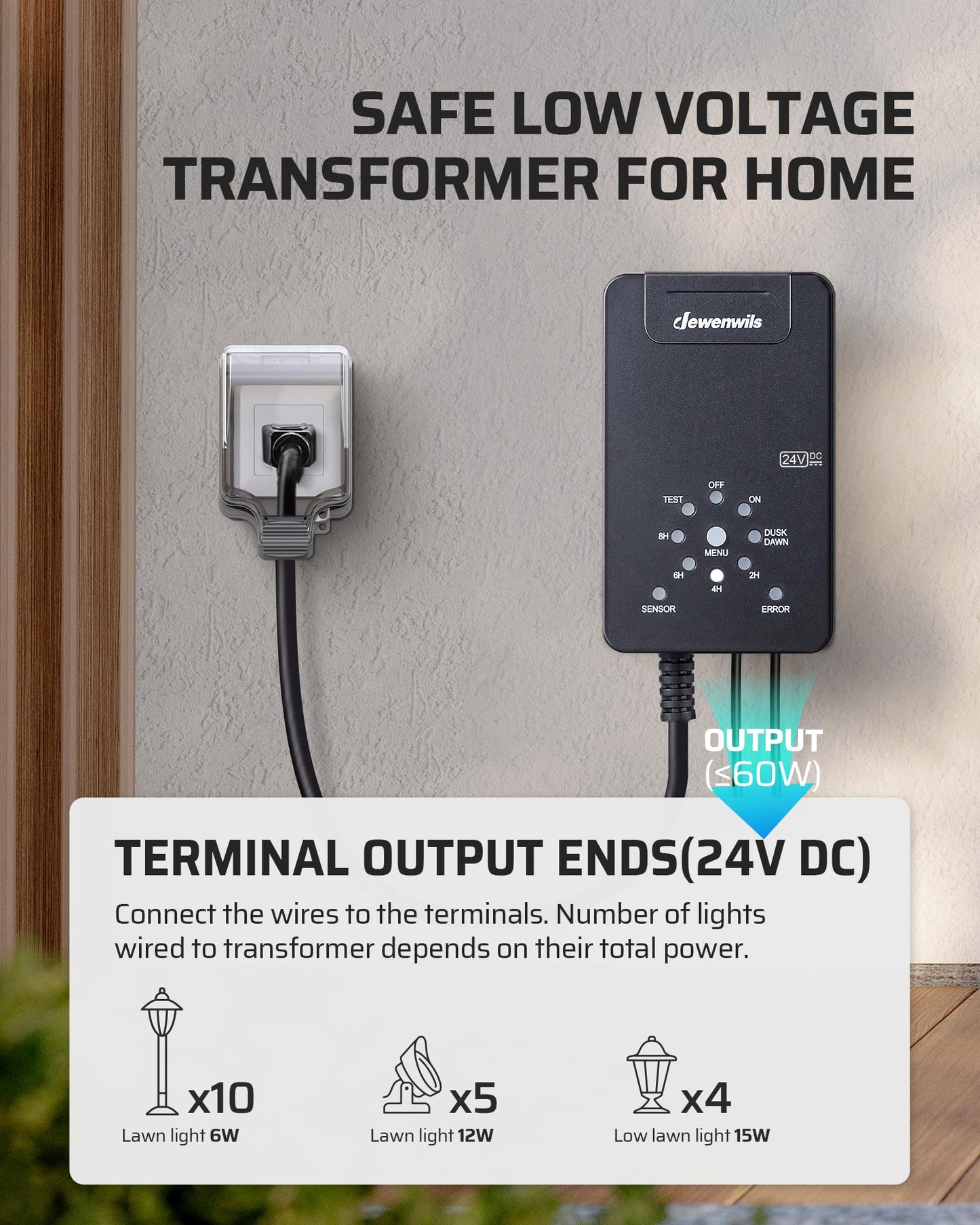 DEWENWILS 60W Low Voltage Landscape Transformer, 120V AC to 24V DC, Weatherproof, Model HDLT02C, Photocell Sensor & Timer
