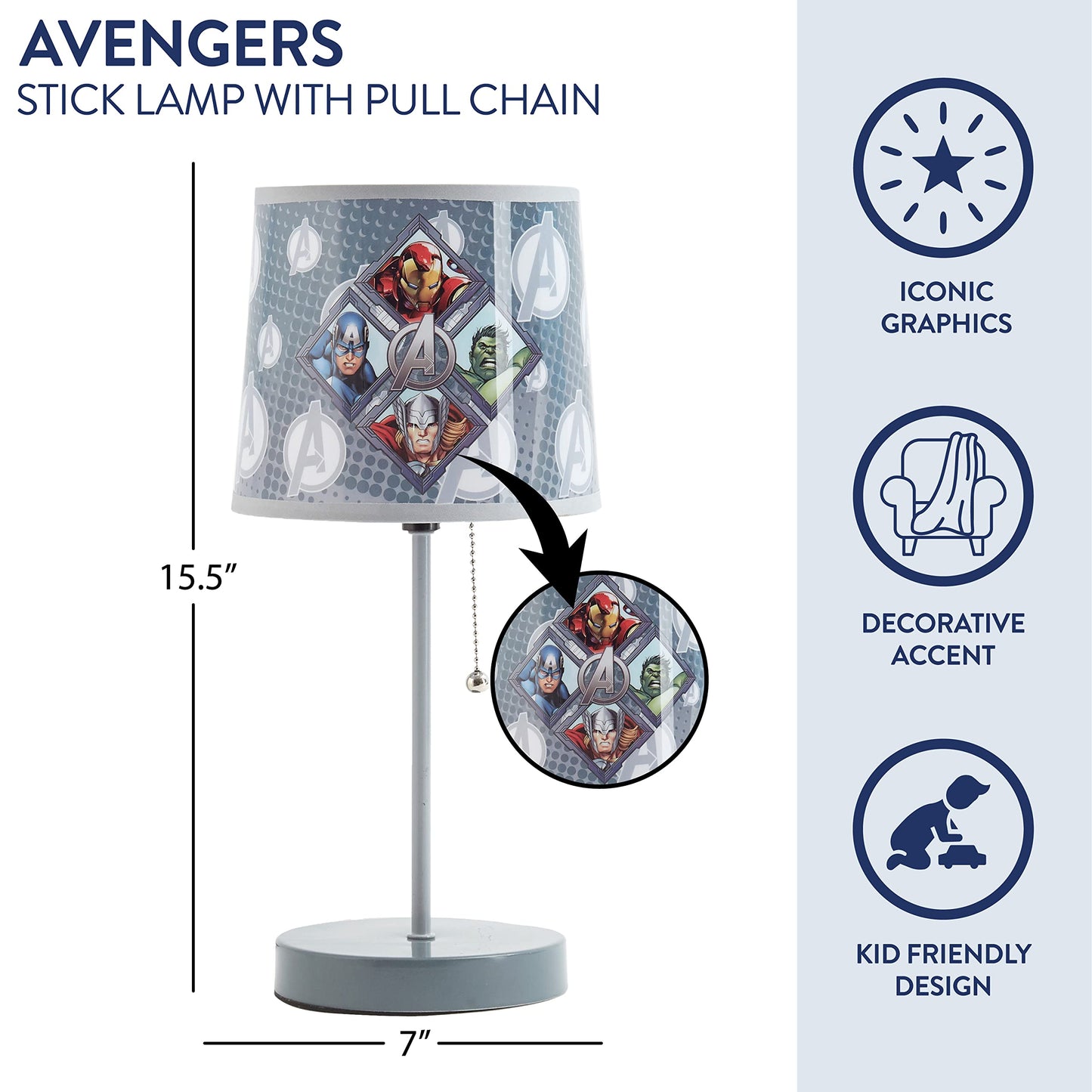 Idea Nuova Avengers Stick Table Lamp, Metal, Themed Printed Shade, Model WN240172, Perfect for Kids Rooms