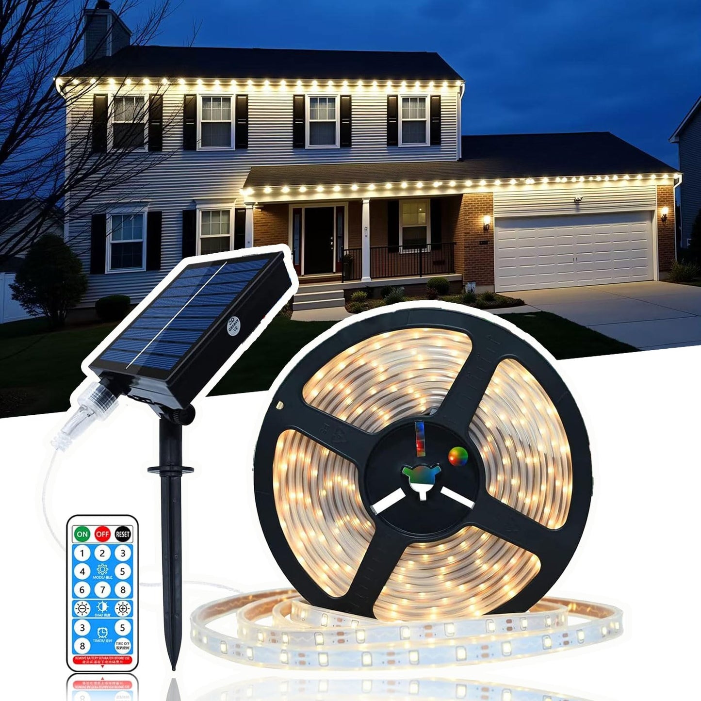 Uniontang Solar LED Strip Lights, 16.4ft, 280 LEDs, IP67 Waterproof, Warm White, with Remote Solar Panel Control Box