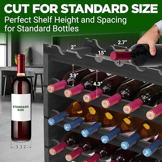 NutriChef 72 Bottle Wine Rack Stackable Bamboo Freestanding, 8-Tier Modular Shelf, Sturdy Wobble Free, Upgraded 2026 Design, Easy No-Tool Assembly for Kitchen, Cellar or Bar 33.5" x 10" x 41" (Black)