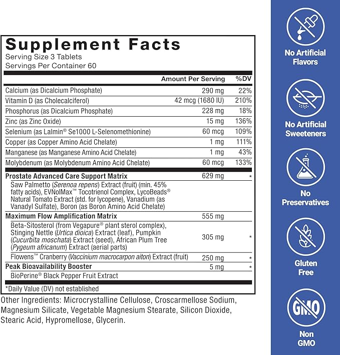 FORCE FACTOR Prostate Advanced, Health Supplement for Men for Reducing Nighttime Bathroom Trips, Bladder & Urinary Relief, with Saw Palmetto, Beta-Sitosterol, 180 Tablets (1-Pack)
