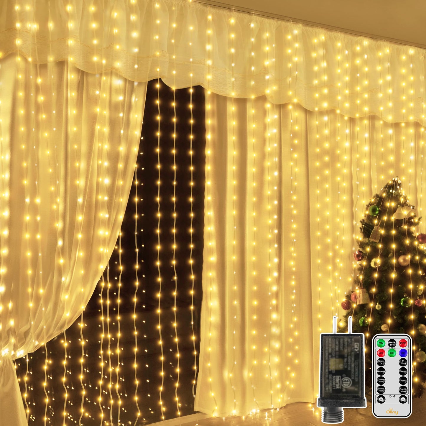 Ollny Curtain Lights 600Led 19.7Ft X 9.8Ft  Ip67 Waterproof Outdoor Curtain Rice Lights With Remote  Plug-In Untangle Rice Curtain Light With 8 Modes 3 Timers For Wall Backdrop Decor(Warm White)
