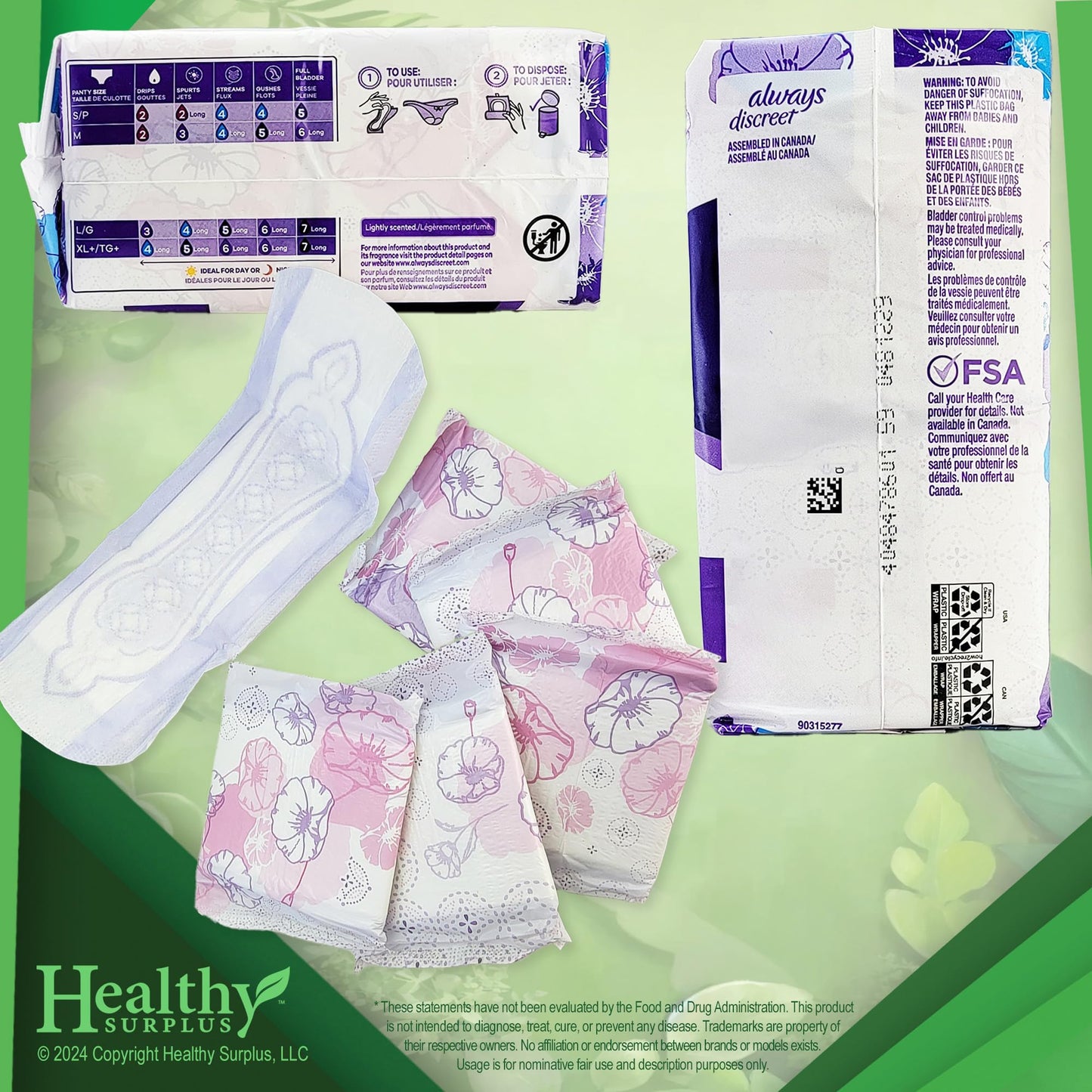 Always Discreet Light 30 Pads 3 Drop Liners for Bladder Leaks Incontinence - 2 Pack (60 Pads Total) - Vital Volumes Tips Card
