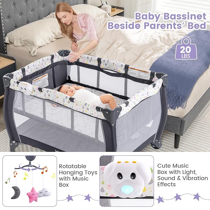 Costzon 3 in 1 Pack and Play with Bassinet, Portable Baby Playard with Changing Table, Music Box, Whirling Toys, Wheels/Brake, Basket, Bag, Foldable Infant Bassinet for Baby Toddlers Indoor Outdoor