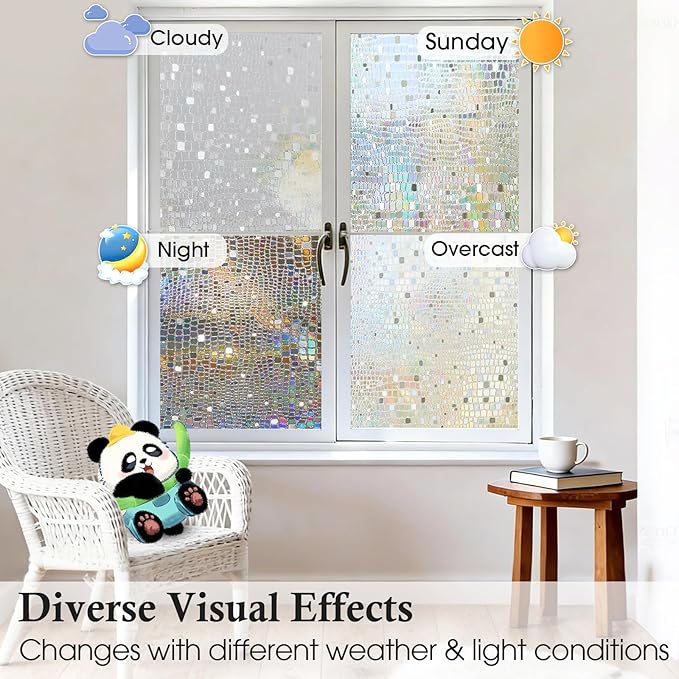 Windimiley Rainbow Window Privacy Film, 3D Stained Glass Christmas Decorative Window Clings, UV Heat Blocking Holographic Prism Stickers for Home(35.4 x 157.5In,Pure)