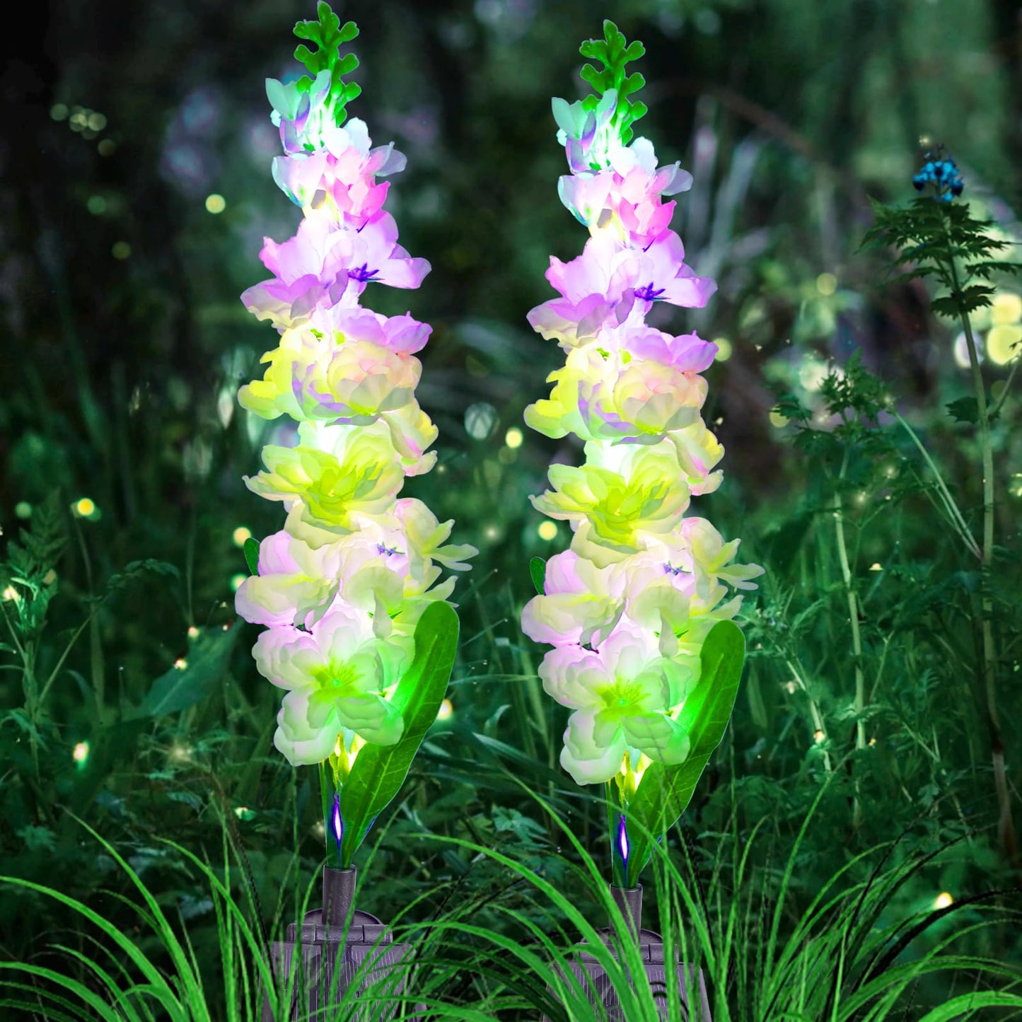 MRHEPHAESTUS Solar Garden Lights, 40 LEDs, Waterproof, 2 Pack, Multicolor, Delphinium Flowers, Model WallLight-1