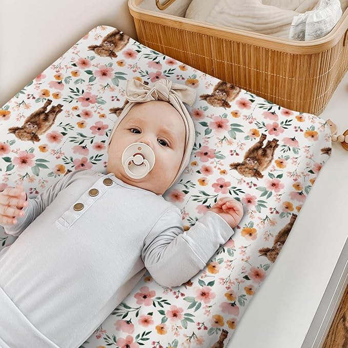 HawSkgFub Highland Cow Boho Floral Changing Pad Cover for Baby Girls, Western Farm Animal Retro Flower Diaper Change Table Covers, Soft Stretchy Safe Snug Fitted Changing Mat Sheet Fit 32"/34" x 16"