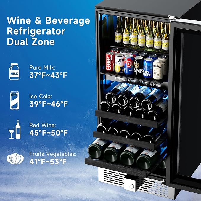 15 Inch Wine Fridge,37-65°F Digital Touchscreen Dual Zone Wine Refrigerator for Built-In or Freestanding, Wine Cooler with Removable Shelves