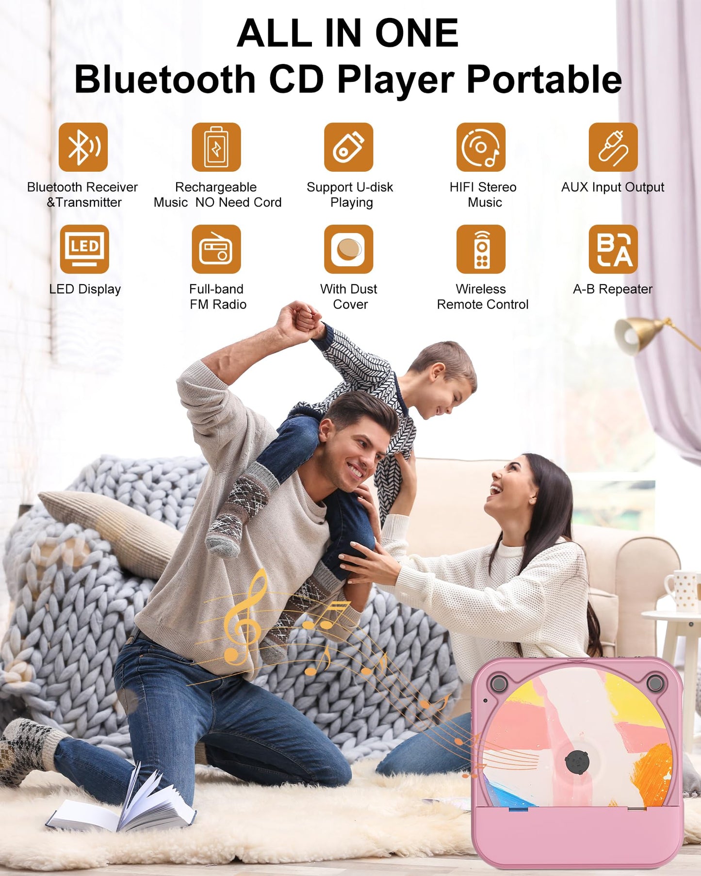 Portable Cd Player With Bluetooth, Rechargeable Wireless Mini Desktop For Home With Hifi Speaker, Cute Cd Player Remote Control,