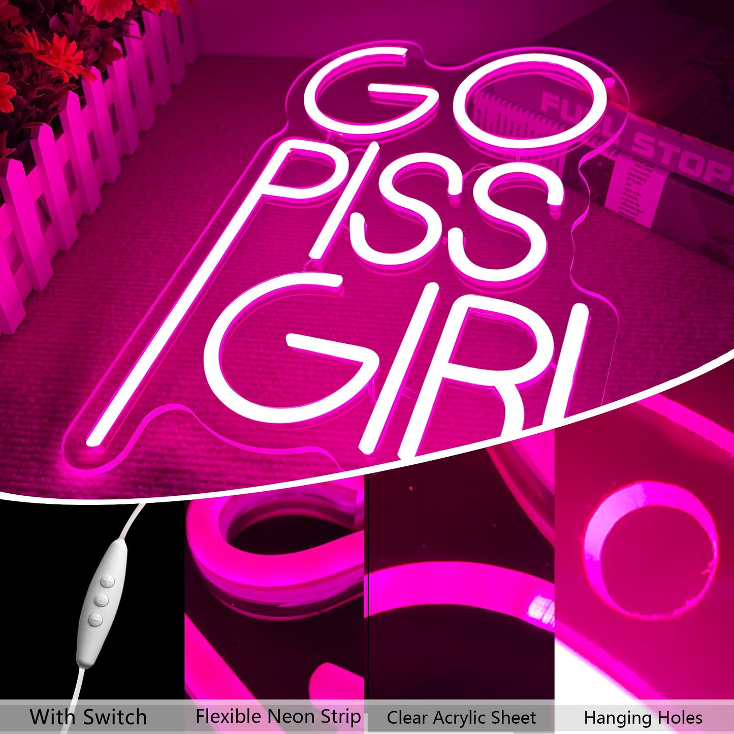 Go Piss Girl Neon Sign Funny Dimmable Led Light Up Sign Pink Aesthetic Pop Culture Wall Decor For Dorm Room  College Apartment  Bathroom  Party  Birthday Gift  Usb Powered(14.5 * 10.6In)