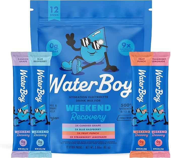 Waterboy Weekend Recovery Sample Pack | 3,200mg Electrolyte Powder Packets | Ginger + L-Theanine + Vitamins | No Sugar, Al...