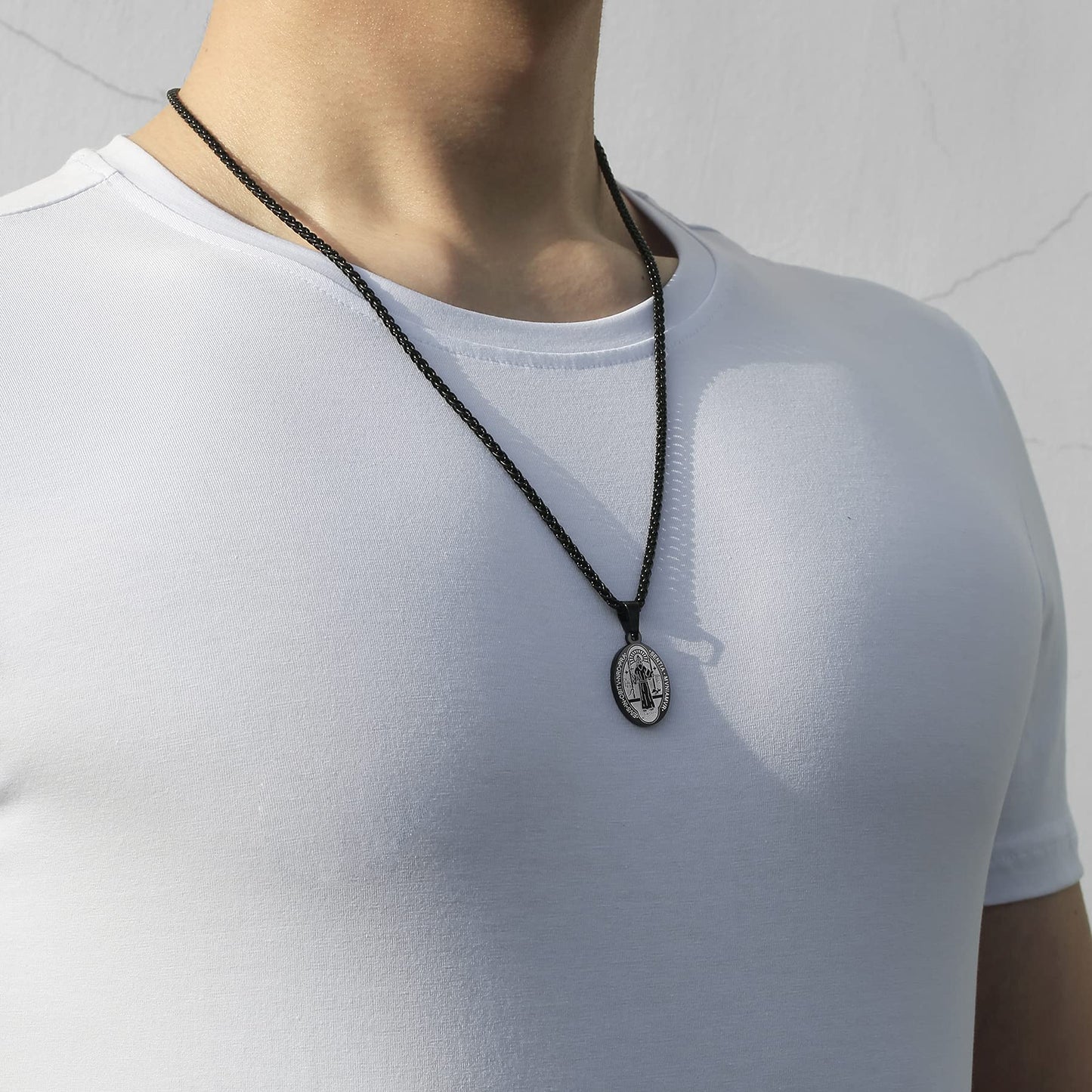 P. BLAKE Black St Saint Benedict Medal Necklace for Men, Stainless Steel Exorcism Catholic San Benito Medalla Religious Pendant