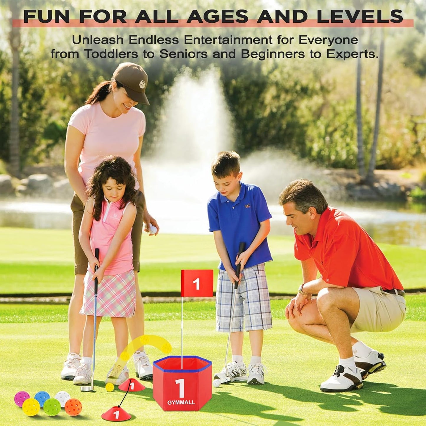 Golf Bucket Yard Game, Backyard Golf Set for Kids, Adults and Family, Outdoor and Indoor Portable 9 Holes Golf Course with Balls, Flags and Carry Bag for Lawn, Park, Beach and Hotel - Red