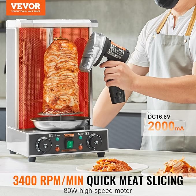 VEVOR Electric Shawarma Knife, Cordless Battery Professional Turkish Knife, Commercial Stainless Steel Gyro Cutter, Doner Kebab Meat Slicer with 2 Blades, Φ4/100mm, 0-8mm Adjustable Thickness