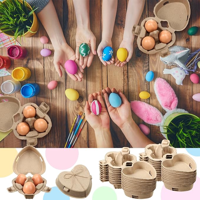 30 Pcs Easter Heart Shaped Eggs Cartons 3 Count Natural Paper Pulp Valentine Egg Cartons with Jute Rope Reusable Cardboard Storage Baskets Holder Tray for Kitchen Holiday Gifts Market Farm