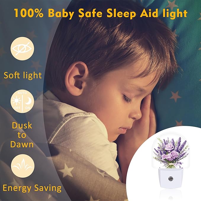 Purple Lavender Louquet Night Light Plug into Wall,Watercolor Blooming Lavender Floral Dusk to Dawn Night Light Plug in,0.5w Energy Saving Sleep Friendly NightLight for Kids Boys Girls Home Decor