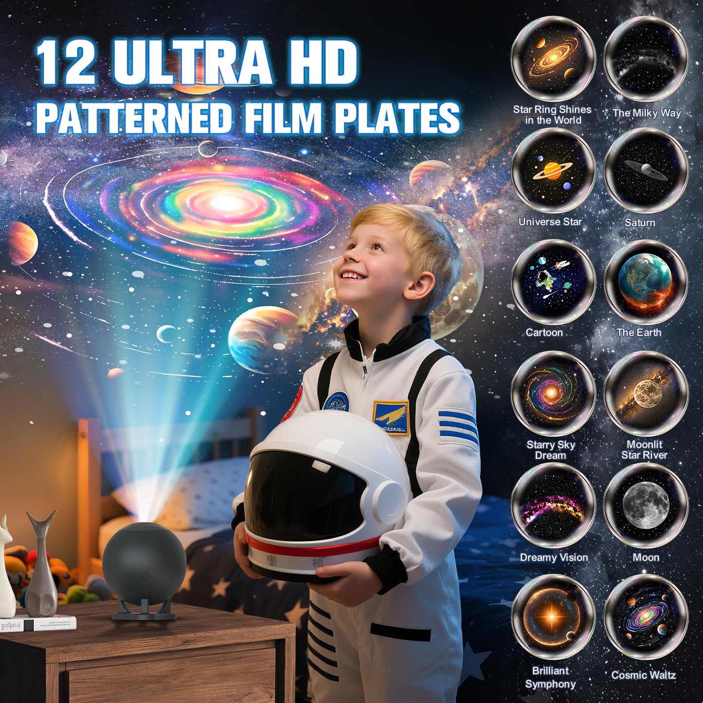 FSSQBFLC  tarium Projector - Galaxy Projector Star Night Light, LED, Black, Model HT-B01, 12 Image Discs for Kids & mature-themeds Room Decor