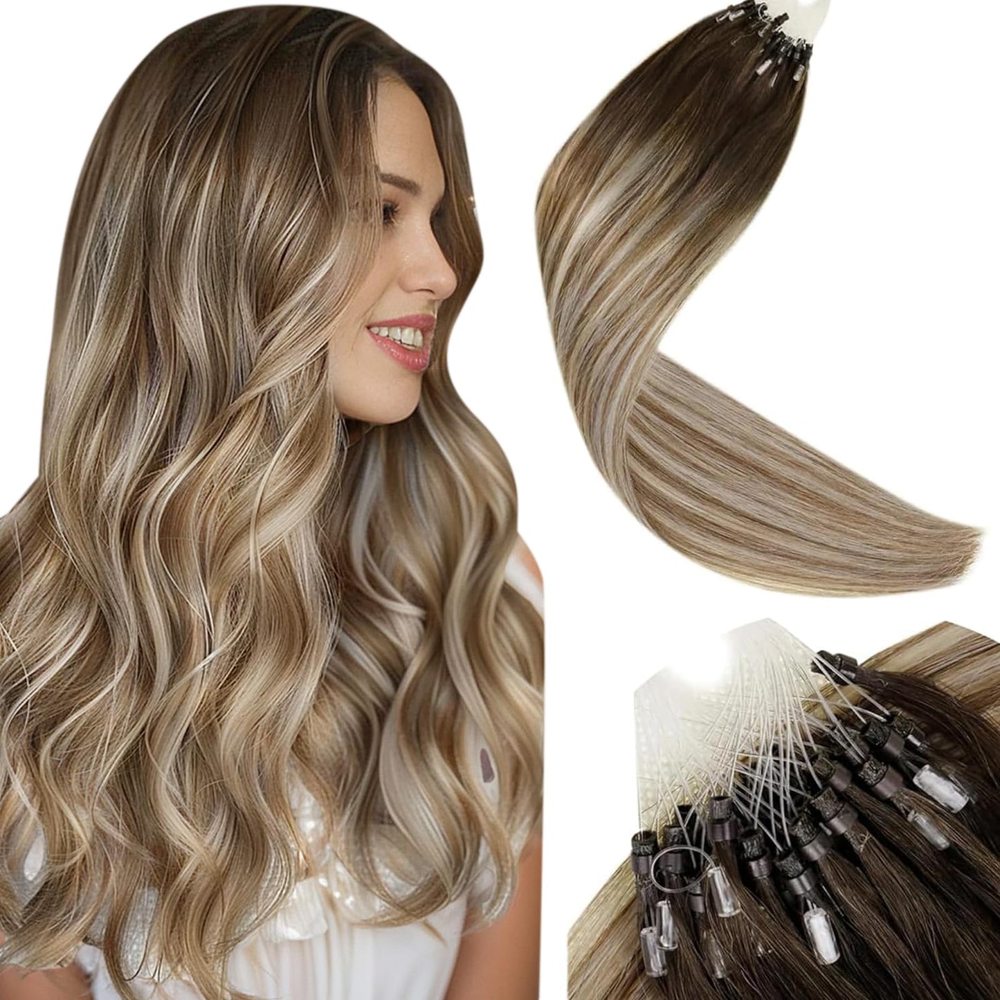 LaaVoo Micro Ring Hair Extensions Human Hair Balayage Brown Faded to Ombre Brown Highlights Micro Loop Hair Extensions Real Huma