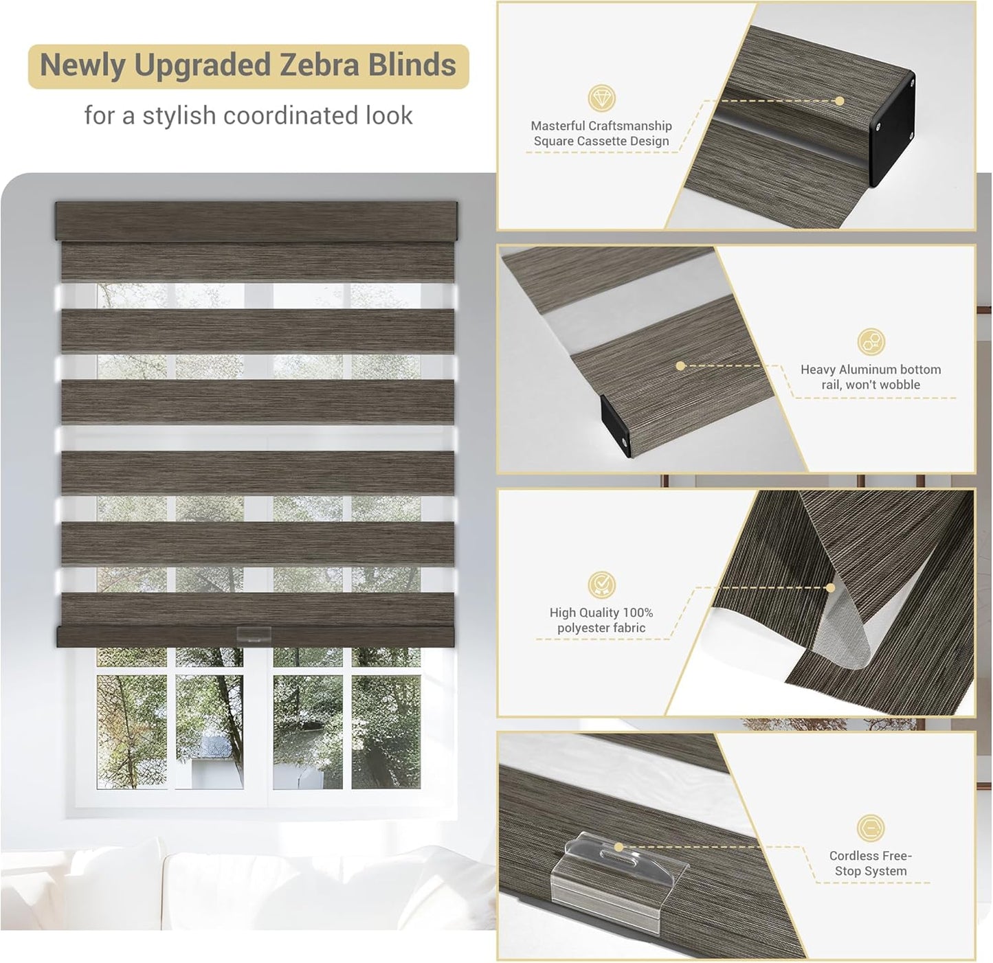 Cordless Zebra Blinds for Windows, Blackout Interior Blinds,Easy to Install,UV Protection,for Offices and Home,Custom Roller Shades, Mousse Dark Bown,31" W x 64" H