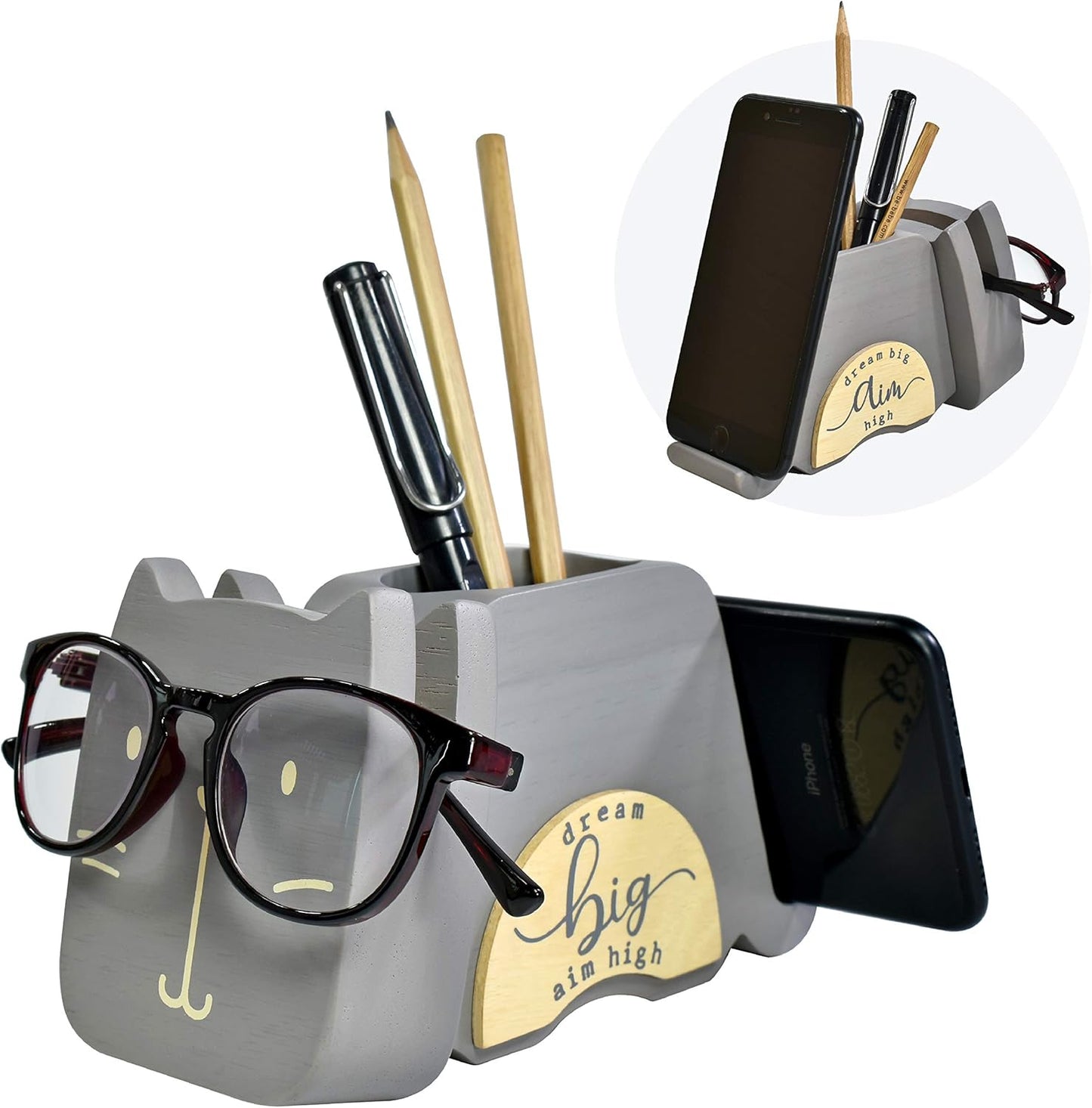 I'm Wood Multipurpose Eyeglass Phone Pen & Pencil Holder Stand Stationery Desk Organizer Accessories, For Home Office Desktop Decor Birthday Graduation Gifts “Dream Big Aim High” (Cat)