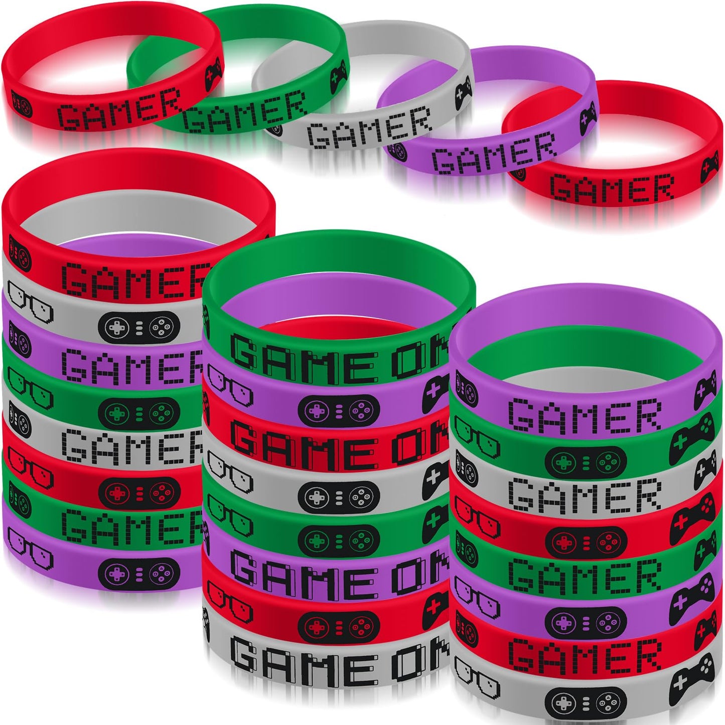 JOVITEC 48pcs Gaming Party Favors Bands, Video Game Bracelet Rubber,video Party Wristbands Supplies (Red, Green, Purple, Grey)