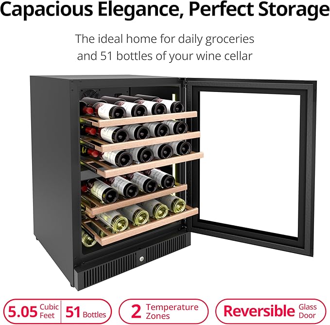 24 Inch Dual Zone Wine Refrigerator, 51 Bottles Under Counter Built-In or Freestanding Wine Cellar, Wine Cooler with Quiet Compressor Cooling and Reversible Glass Door, Fits Large Bottle