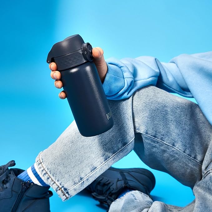Ion8 Kids Water Bottle, Steel 400 ml/13 oz, Leak Proof, Easy to Open, Secure Lock, Dishwasher Safe, Hygienic Flip Cover, Carry Handle, Easy Clean, Durable, Scratch Resistant, Carbon Neutral, Navy Blue