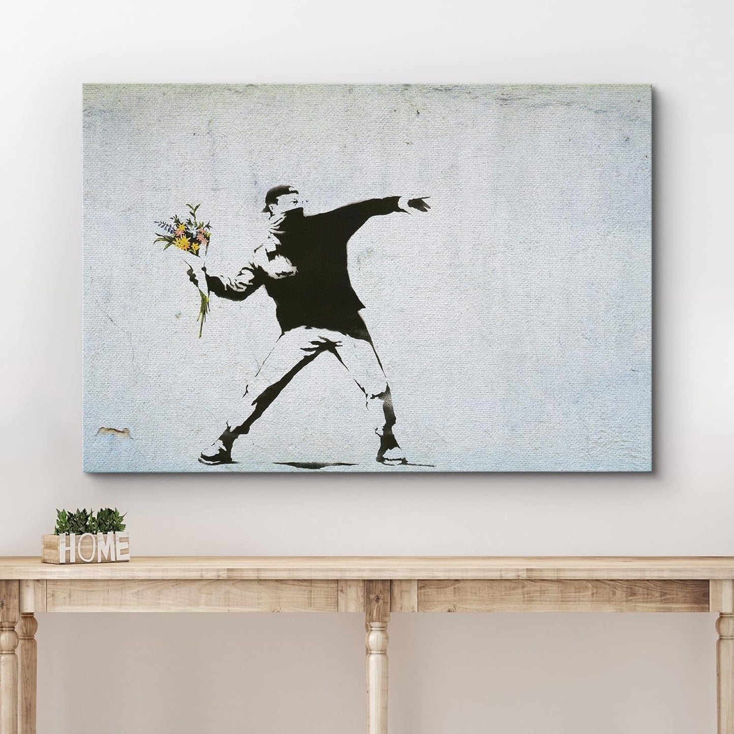 wall26 Canvas Print Wall Art Banksy Man Throws Yellow Flower Bouquet Graffiti & Street Art Pop Culture Illustrations Pop Art Bohemian Multicolor Dark for Living Room, Bedroom, Office - 24"x36"