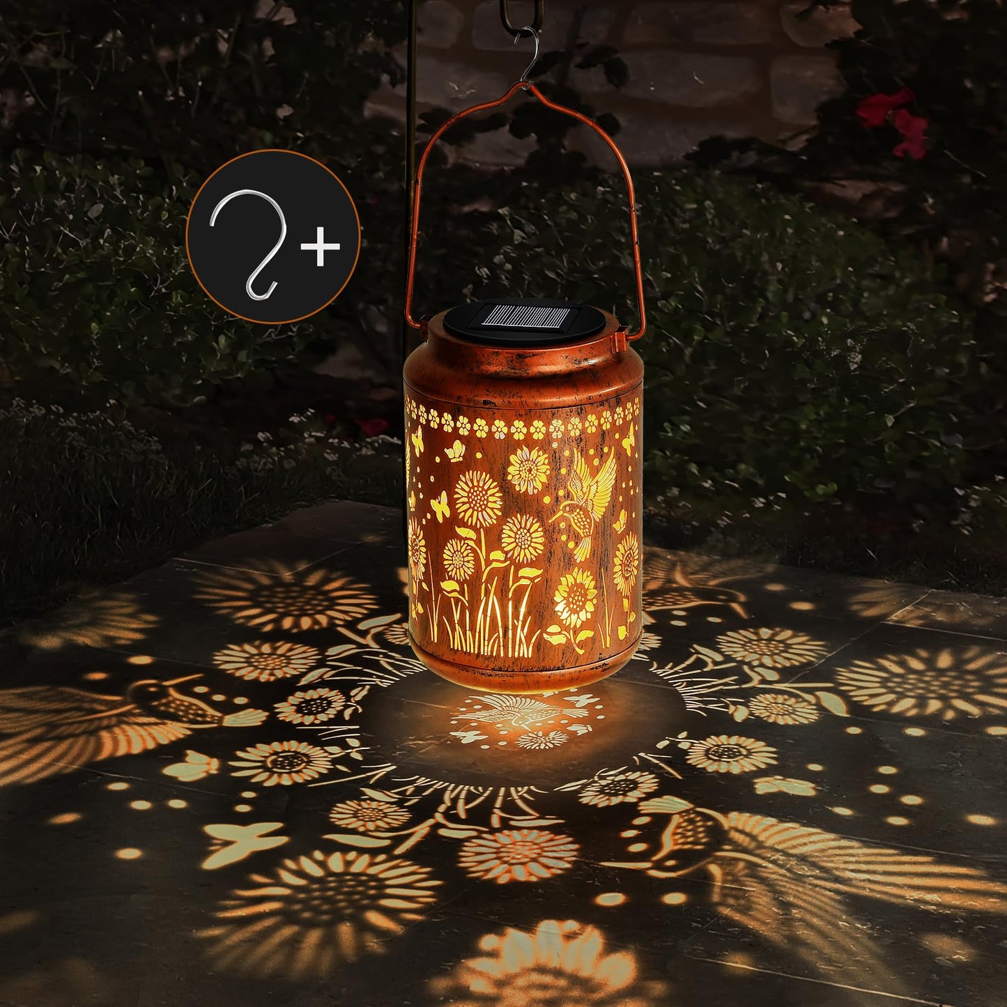 AMWGIMI Sunflower Solar Lanterns, Waterproof LED Metal Hanging Lights, Hummingbird Design, Model FNDL-1, Outdoor Garden Decor