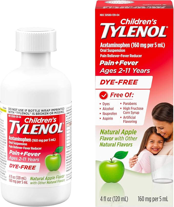 Children's Tylenol Liquid Pain Relief & Fever Medicine, Acetaminophen Oral Suspension, Free of Dyes, Aspirin, Ibuprofen, High Fructose Corn Syrup; Natural Apple Flavor, 4 fl. Oz