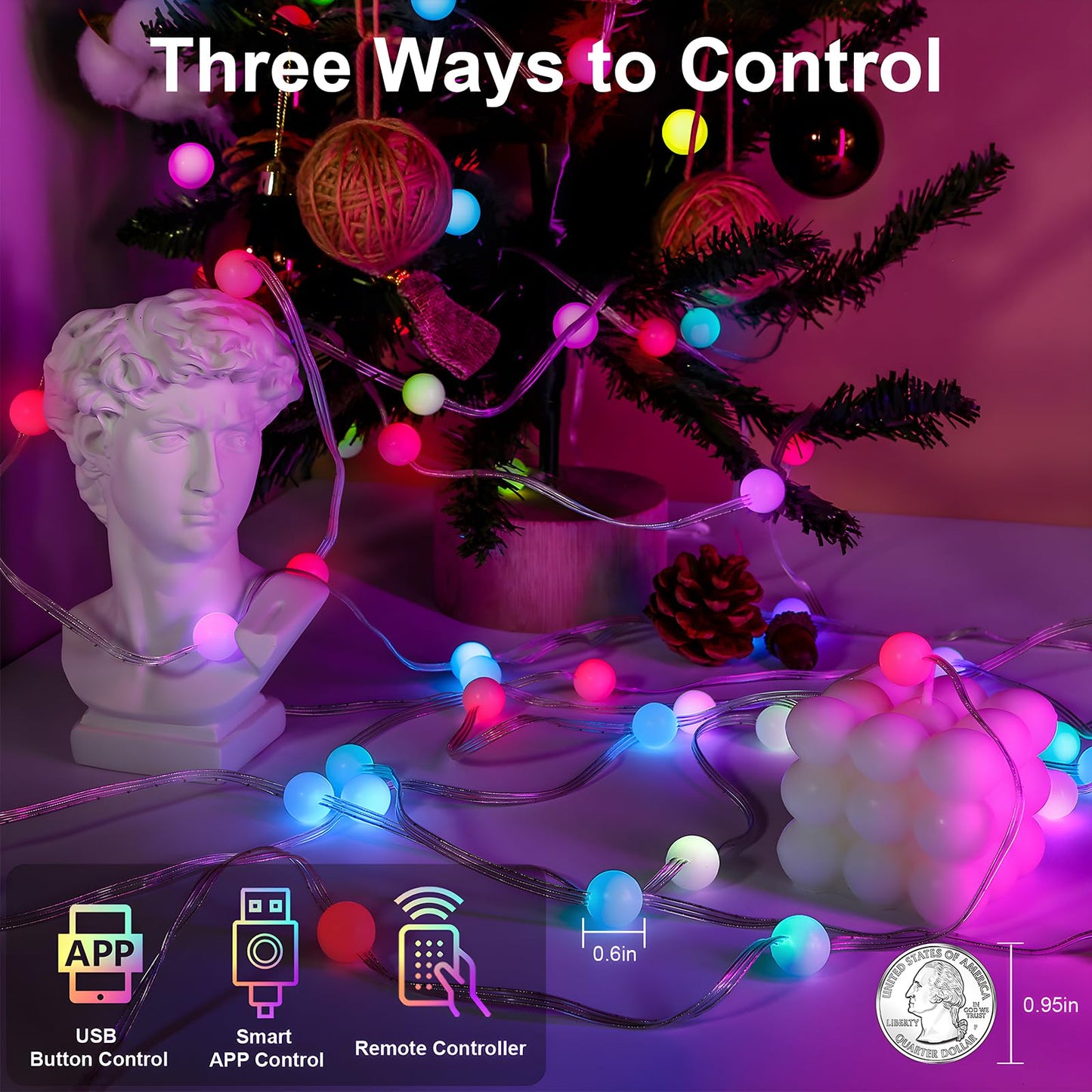 VISDOLL String Lights Indoor, RGB Smart Twinkle Light 32.8FT, 66 LEDs, Music Sync, RF Remote, USB Powered, Multicolor