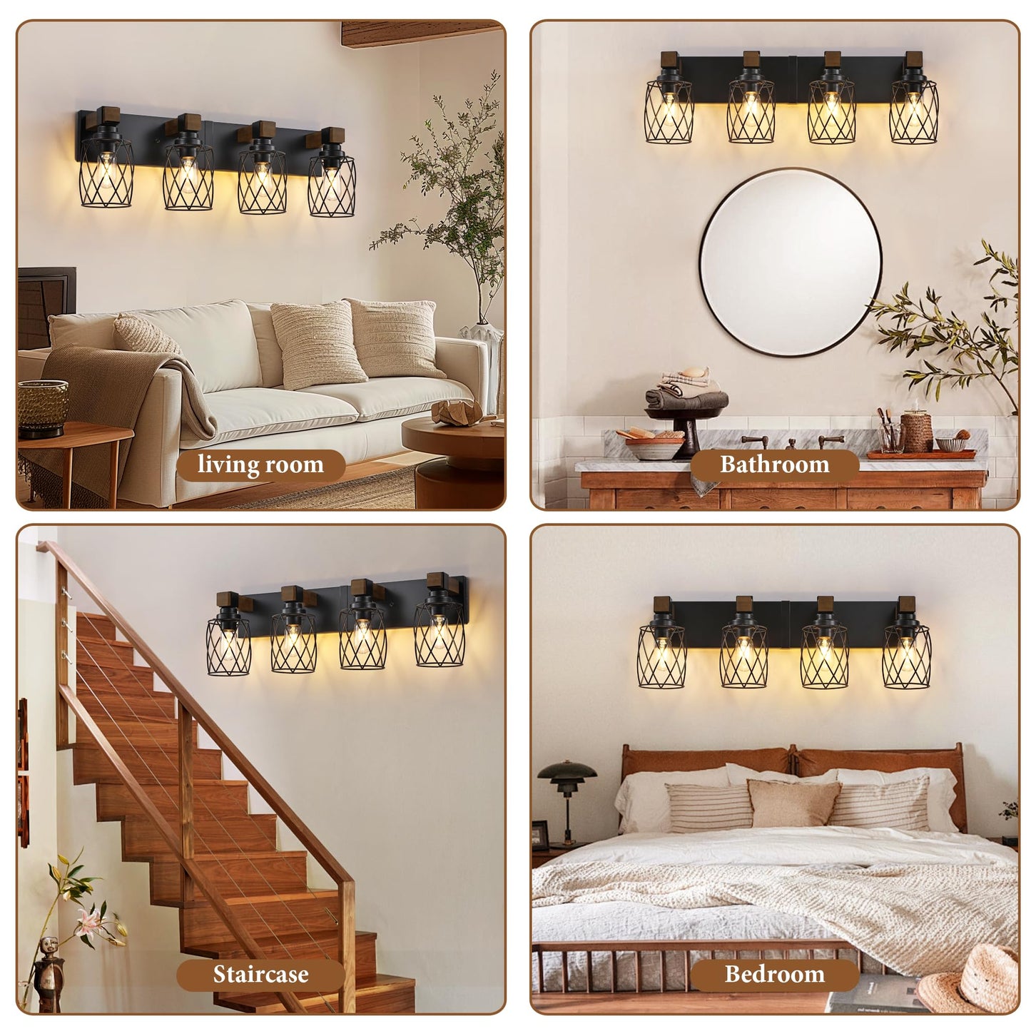 Xvmbvm Farmhouse Bathroom Vanity Light  4-Light Wood Bathroom Light Fixtures Over Mirror  Black Industrial Vanity Lights With Metal Shade  Rustic Bathrooms Lighting For Living Room  Bedrooms  Hallway