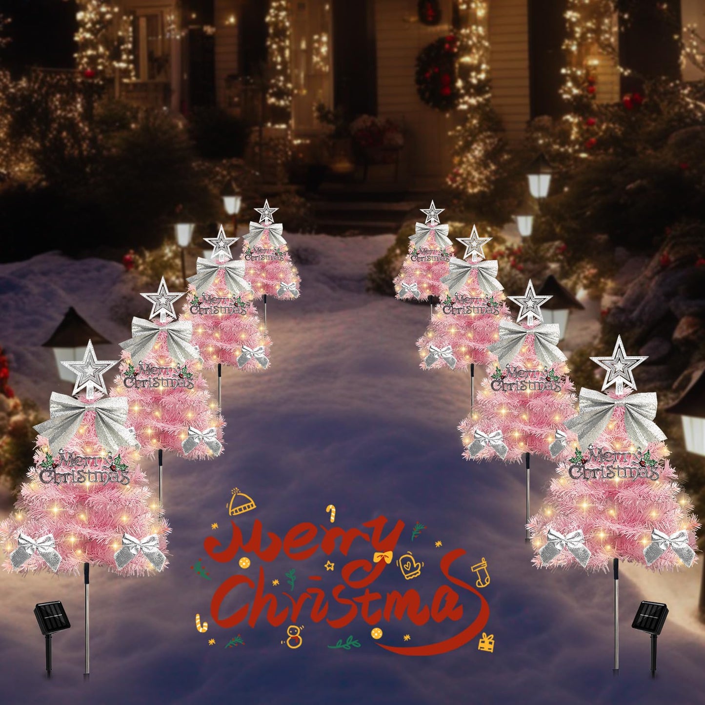 4 Pack Christmas Tree Solar Pathway Lights Outdoor Decorations  Waterproof Artificial Mini Xmas Tree Stake Lights With Diy Ornamets For Garden Yard Porch Decor (Pink Tree)