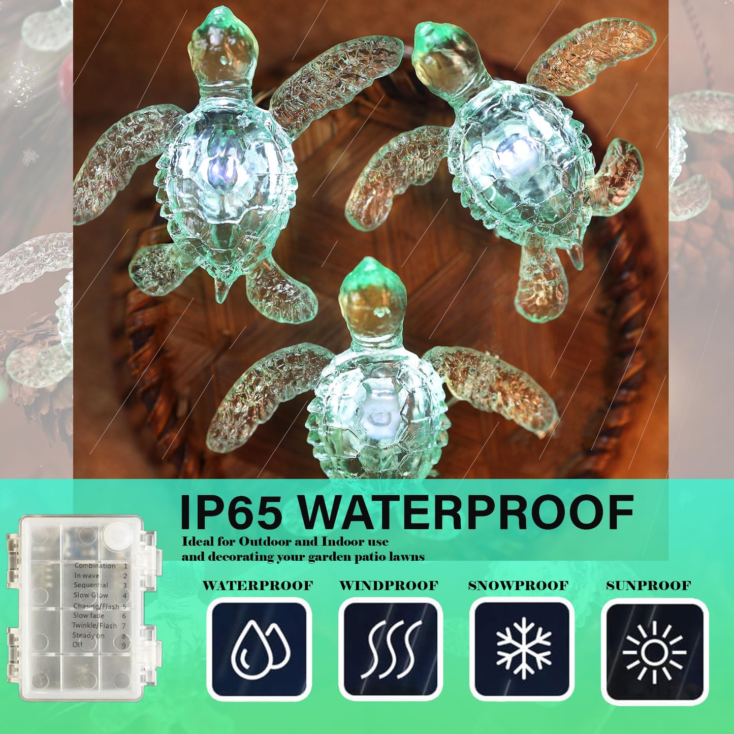 JASHIKA Green Sea Turtle String Lights - 10ft, 30 LED, Waterproof, Battery Operated, Remote Control - Amber, Model 2024-11-27-BA-01