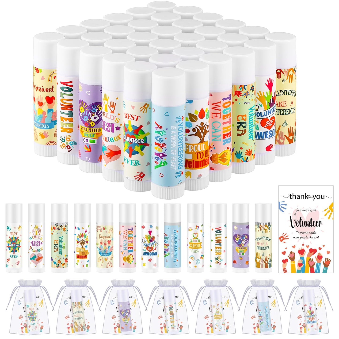 Heigble 36 Sets Volunteer Thank You Gift Lip Balm Thank You Tag Organza Bag Volunteer Appreciation Gifts for Birthday Christmas