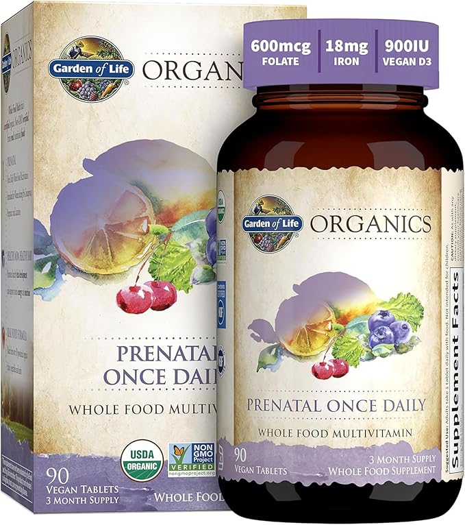 Garden of Life Organics Prenatal Vitamins - 90 Tablets, Prenatal Once Daily Whole Food Vitamins for Women with Folate not Folic Acid, Vitamin D3, Iron, Vegan One a Day Prenatal Multivitamin