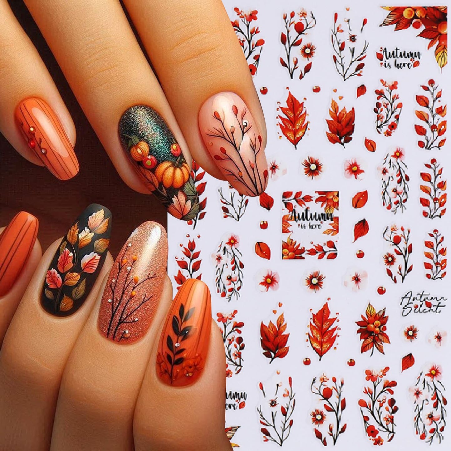 Fall Maple Leaf Nail Art Stickers Autumn Leaves Mushroom Deer Design Self-Adhesive Nail Sticker Fox Pumpkin Wheat Ears Nail Deca