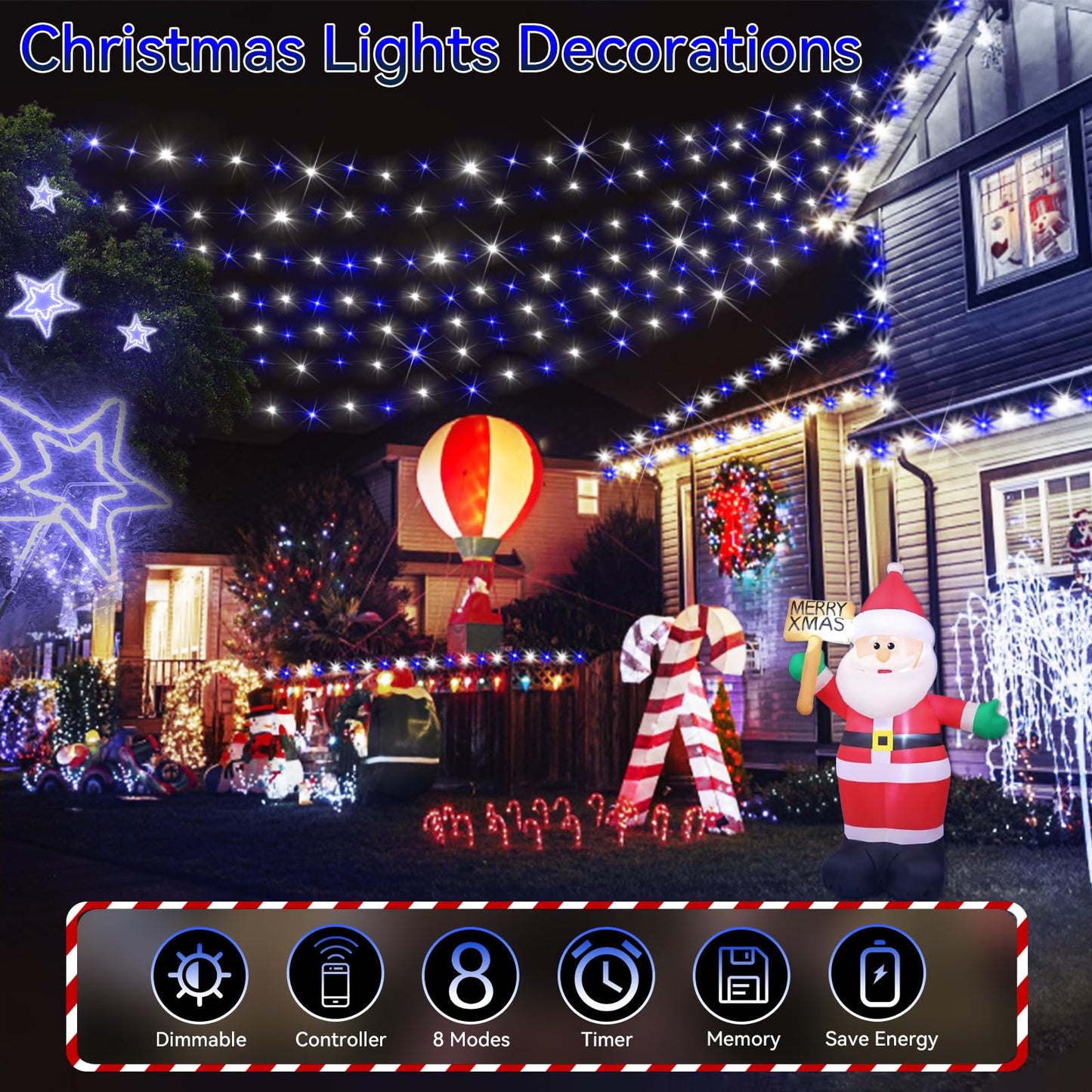 Hezbjiti 1000 LED Christmas String Lights Outdoor, 403 FT, IP44 Waterproof, 8 Modes, Timer, Dimmable, Blue+White, Clear Wire