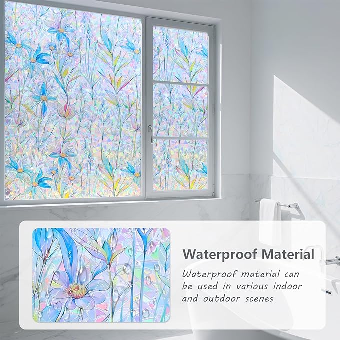 FINNEZ Window Privacy Film Stain Glass Film Flowers Rainbow Window Film Window Clings Non-Adhesive Reusable Decorative for Home（Blue Lotus，45.2 Inch x 13.1 Feet）