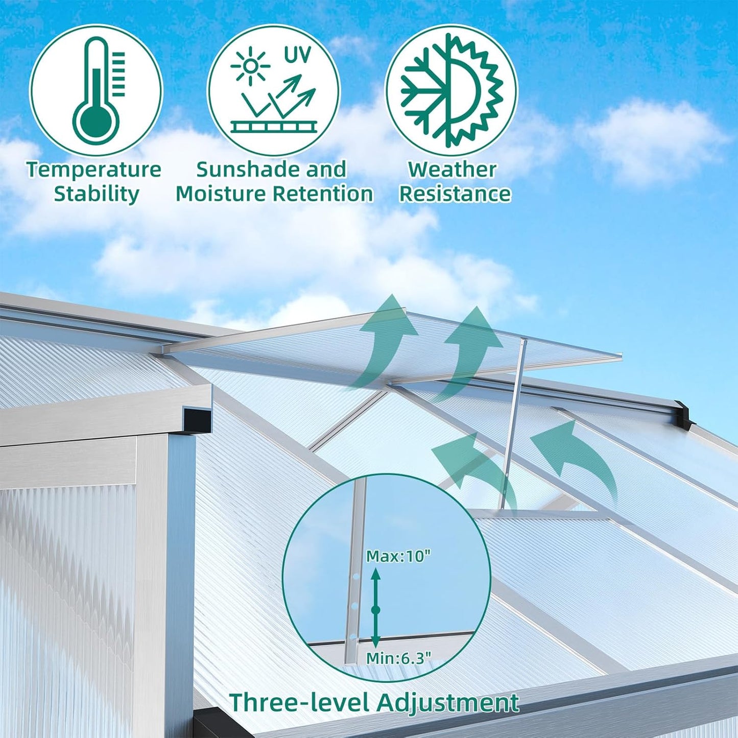Garvee 6x8 ft Greenhouse - Aluminum Greenhouses for Outdoors, Large Polycarbonate Greenhouse with Roof Vent, Heavy Duty Walk-in Green Houses for Outside Garden, Backyard, Patio, Lawn, Easy Assembly